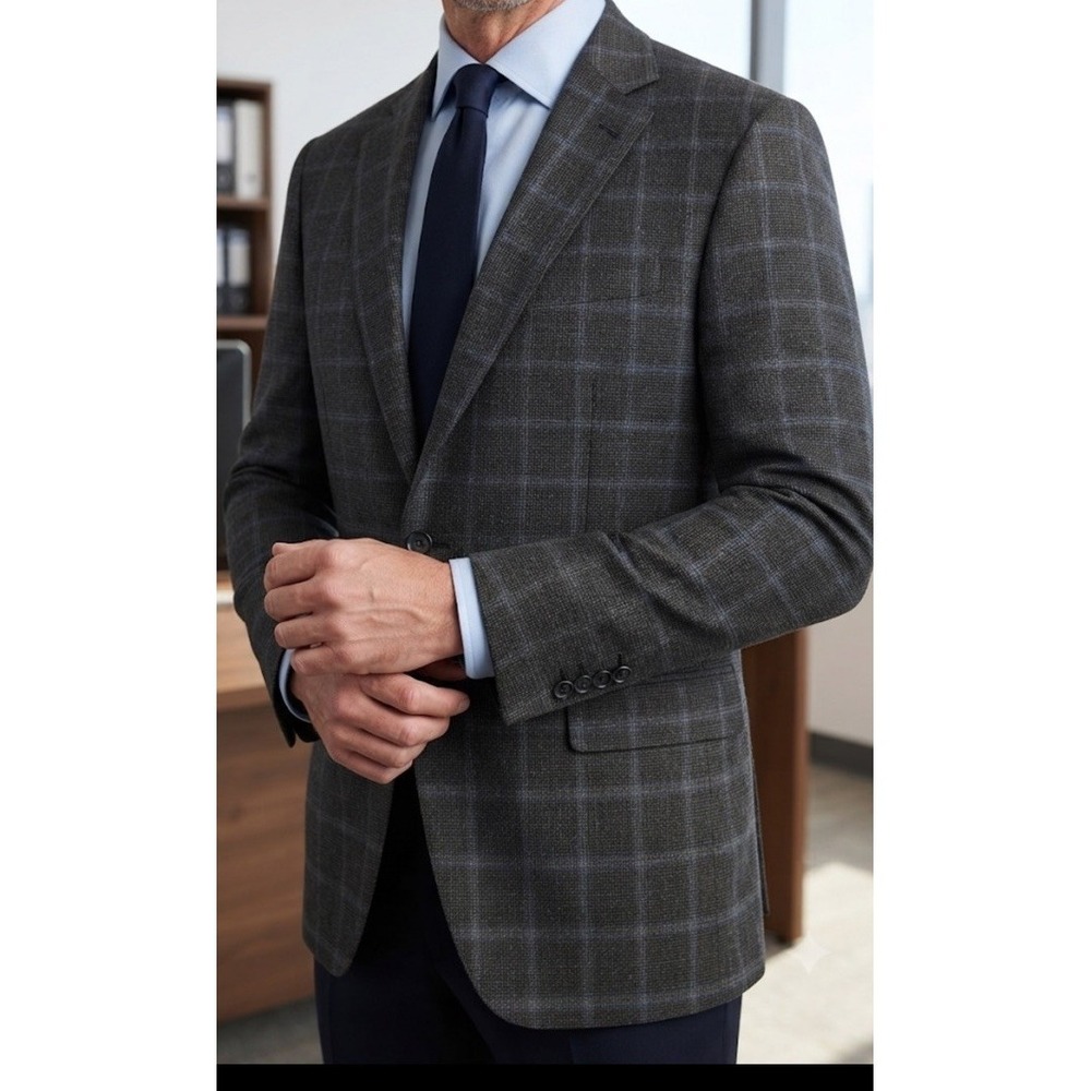 Ermenegildo Zegna Blazer Roma Gray Blue Windowpane Wool Sport Coat Mens Sz 46R